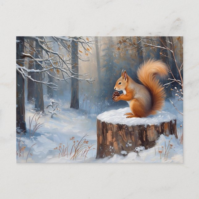 Carte Postale Écureuil roux dans la forêt enneigée d'hiver  (Devant)