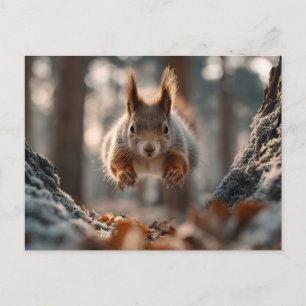 Carte Postale Écureuil roux sautant dans une forêt glacée