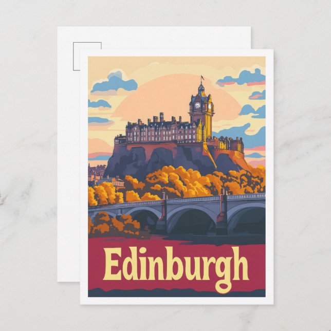 Carte Postale Edimbourg Écosse Vintage voyage d'art Illustration (Devant / Derrière)