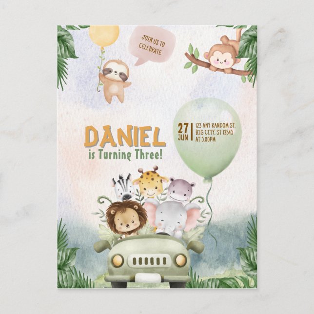 Carte Postale Editable Safari Birthday Invitation (Devant)