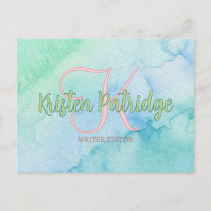 Carte Postale éditeur de couleur aquarelle bleue verte nom monog