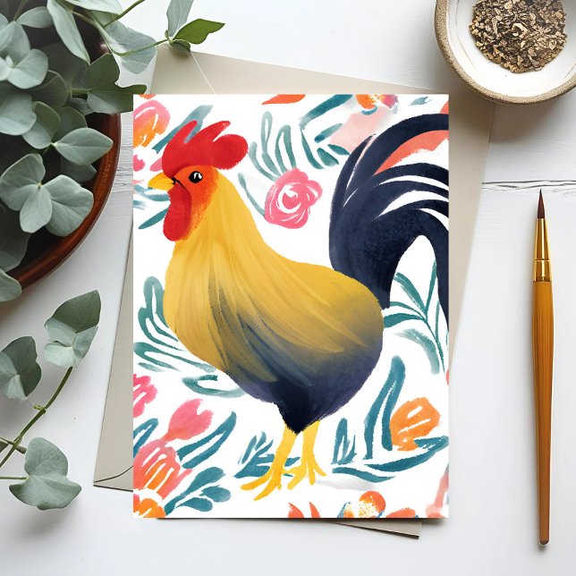 Carte Postale Edna le coq | Aquarelle Floral Poulet (Créateur téléchargé)