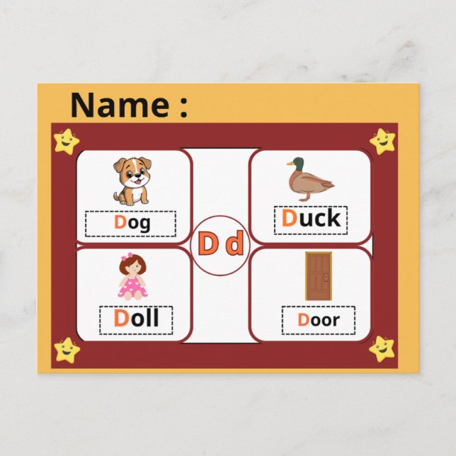 Carte Postale Educational Alphabet Letter D Flashcard for Kids  (Devant)