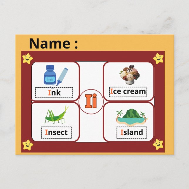 Carte Postale Educational Alphabet Letter I Flashcard for Kids  (Devant)