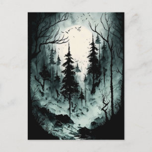 Carte Postale Eerie Forêt d'encre noire et blanche dans le broui