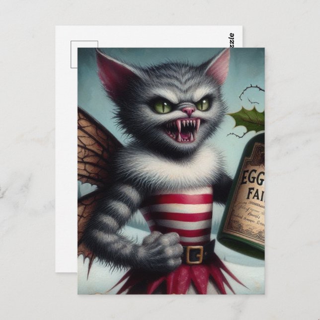 Carte Postale Éffrayant Noël Horreur Kitty Fairy Avec Eggnog (Devant / Derrière)