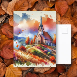 Carte Postale Église aquarelle le jour d'automne Bénédictions
