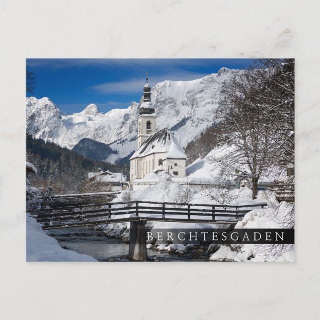 Carte Postale Eglise dans la neige avec les Alpes (Devant)