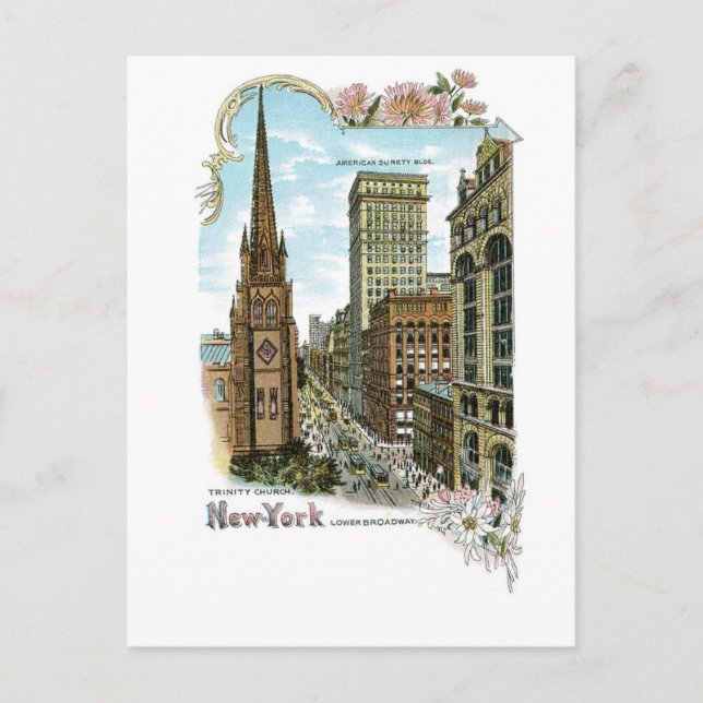 Carte Postale Eglise de la Trinité. New York, Lower Broadway (Devant)