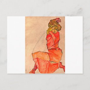 Carte Postale Egon Schiele - Kneeling Femme En Robe Rouge Orange
