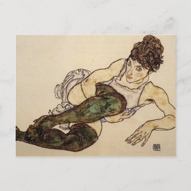 Carte Postale Egon Schiele - Une femme avec des bas verts (Devant)