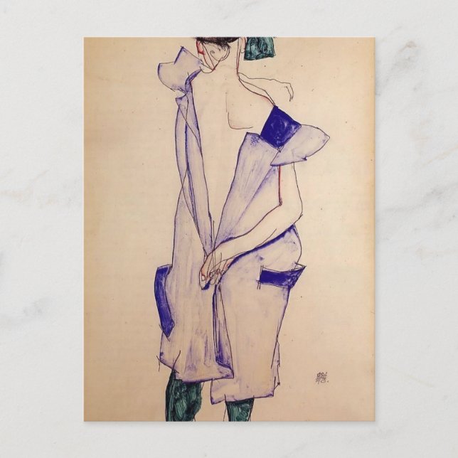 Carte Postale Egon Schiele - Une fille debout en bleu et vert (Devant)