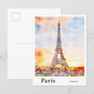 Carte Postale Eiffel Paris France Aquarelle Esquisse Dessinée à