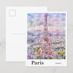 Carte Postale Eiffel Paris France Voyage Aquarelle Main tirée