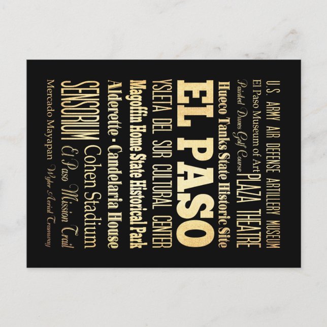 Carte Postale El Paso City Texas State Typography Art (Devant)