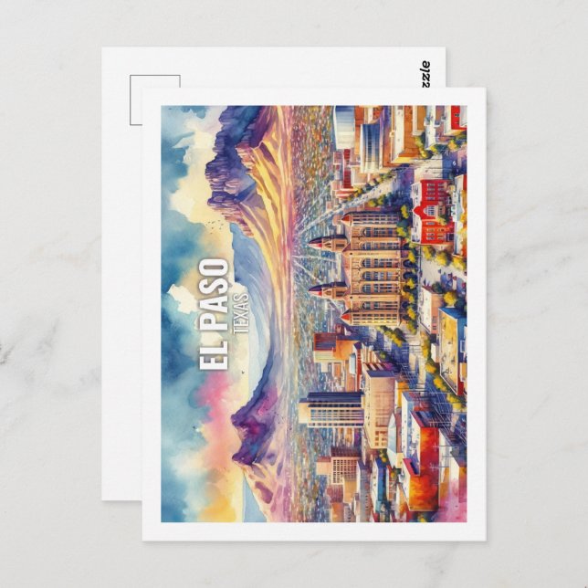 Carte Postale El Paso Texas Famous Travel Places aquarelle (Devant / Derrière)