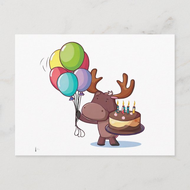 Carte Postale Élan avec ballon et gâteau  (Devant)