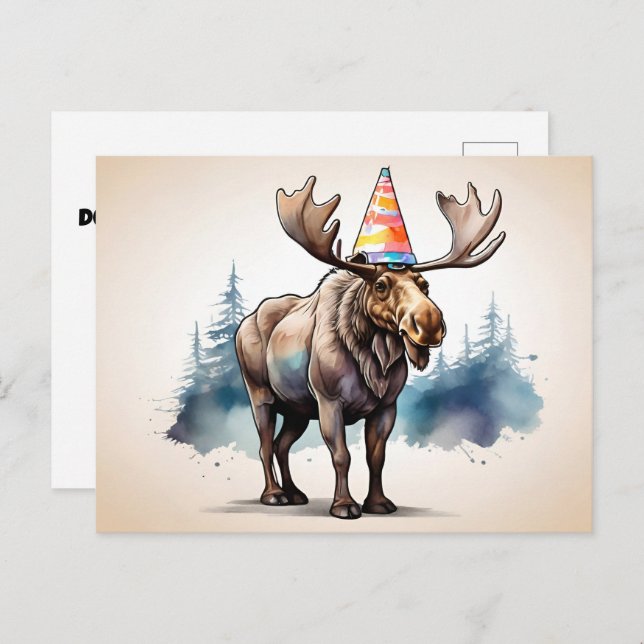 Carte Postale Élan d'Alaska portant un chapeau d'anniversaire (Devant / Derrière)