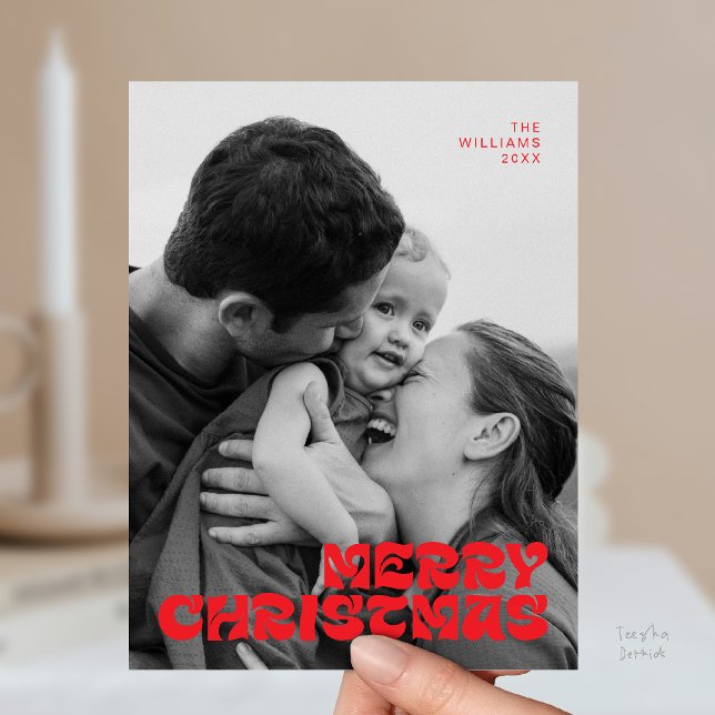 Carte Postale Élégance Chic, Joyeux Noël Photo de Famille Élégan (Stylish Elegant, Merry Christmas Family Photo Chic Postcard in Romantic Bright Red)