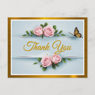 Carte Postale Élégance Classique Roses Pink, papillon Merci