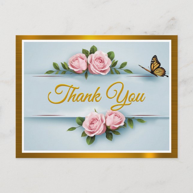 Carte Postale Élégance Classique Roses Pink, papillon Merci (Devant)