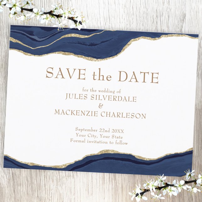 Carte Postale Élégant Agate Enregistrer la date Marine Blue Gold (Agate gold Save the Date wedding postcard)