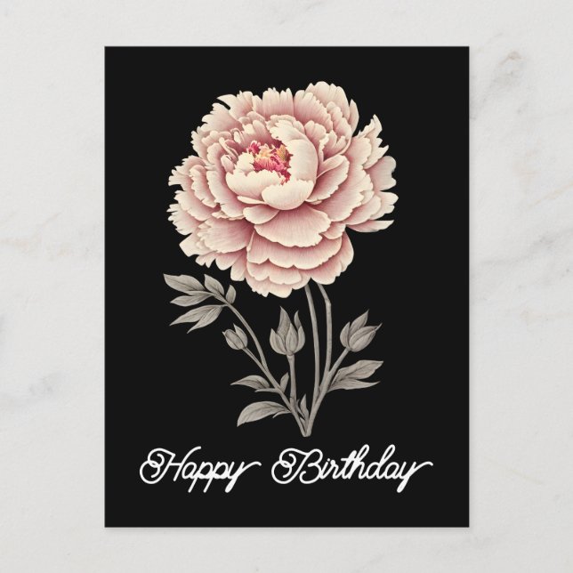Carte Postale Élégant Anniversaire Fleurie Rose Pivoine Rustique (Devant)
