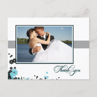 Carte Postale Elégant aqua + fleurs noires mariage merci