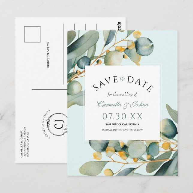 Carte Postale Elégant Aquarelle Eucalyptus Boho Enregistrer La D (Devant / Derrière)