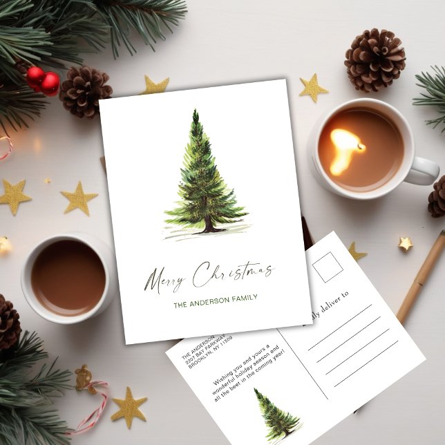 Carte Postale Elégant Aquarelle Pine Tree Noël Salutation (Elegant Watercolor Pine Tree Christmas Greeting Postcard)