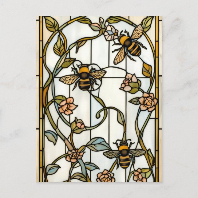 Carte Postale Elegant art nouveau botanical  bee stain glass (Devant)