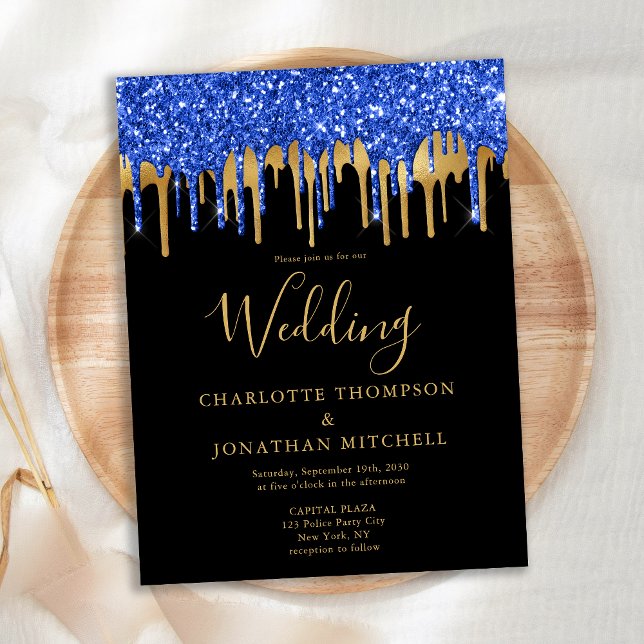 Carte Postale Elegant Black Blue Gold Glitter Drips Wedding Card (Créateur téléchargé)