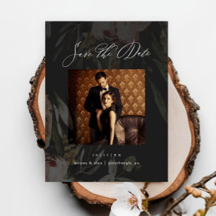 Carte Postale Elégant Black Floral photo mariage Enregistrer la 