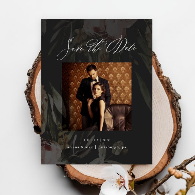Carte Postale Elégant Black Floral photo mariage Enregistrer la  (Créateur téléchargé)