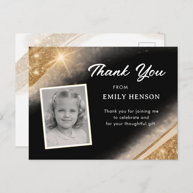 Carte Postale Elegant Black Gold Glitter Photo Birthday (Devant / Derrière)