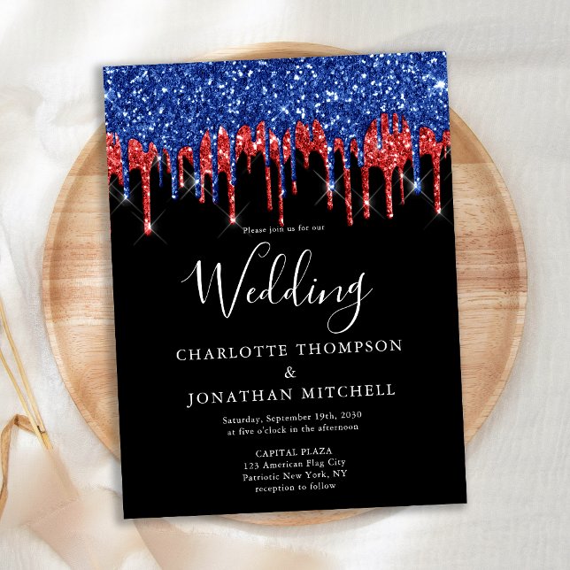 Carte Postale Elegant Black Red Blue Glitter Drips Wedding Invit (Créateur téléchargé)