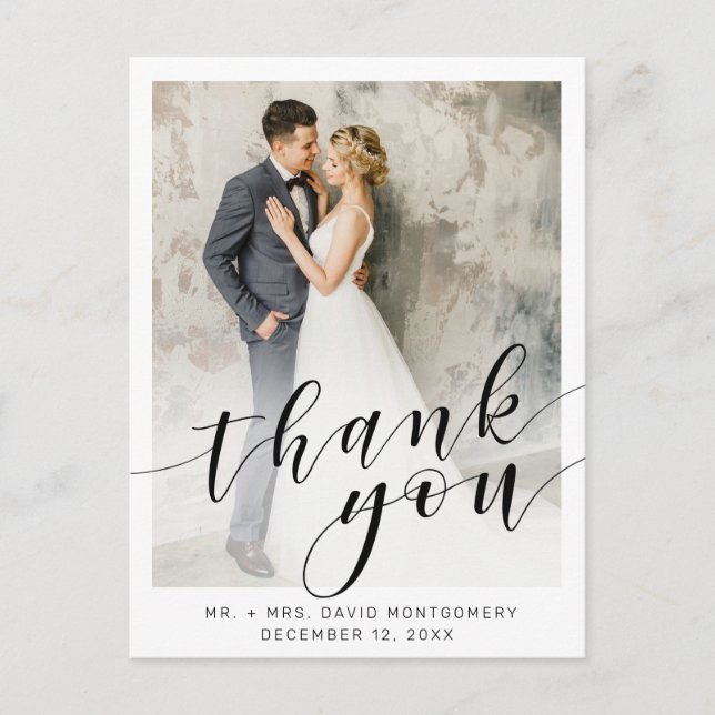 Carte Postale Elégant blanc photo noir Script Mariage Merci (Devant)
