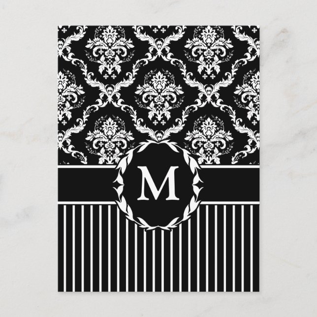 Carte Postale Elégant blanc sur noir Damask (Devant)