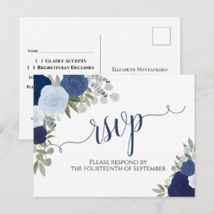 Carte Postale Elégant bleu aquarelle Roses mariage RSVP