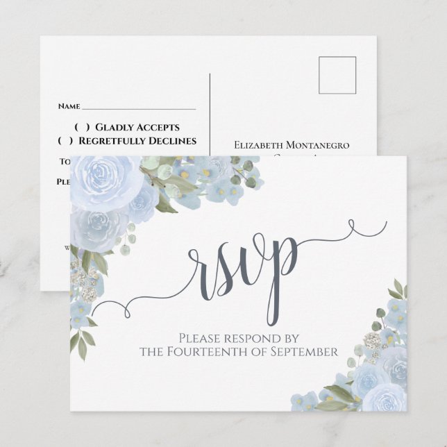Carte Postale Elégant bleu azur aquarelle mariage floral RSVP (Devant / Derrière)