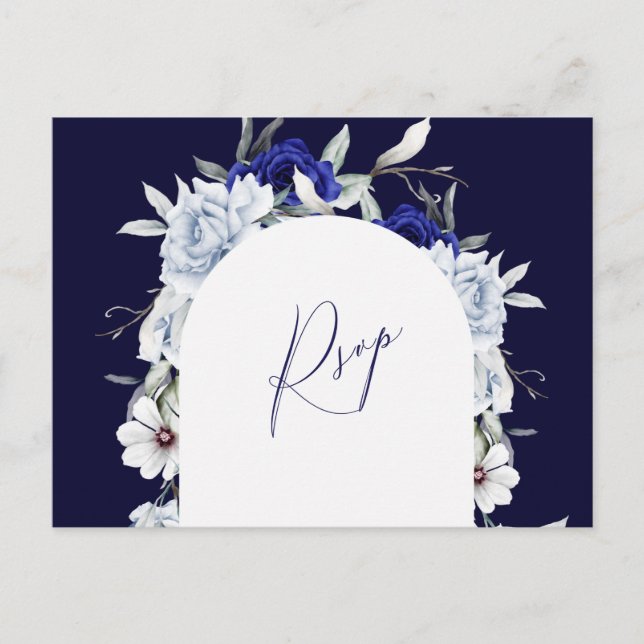 Carte Postale Elégant bleu bleu marine Floral Arch Wedding RSVP (Devant)