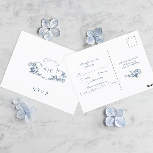 Carte Postale Elégant bleu Dusty Français Floral Crest RSVP