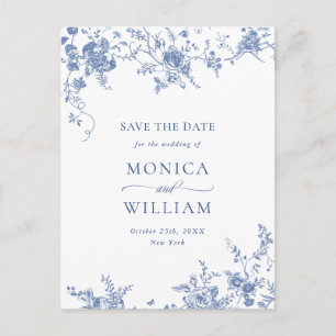 Carte Postale Élégant Bleu Jardin Français Mariage Save the Date
