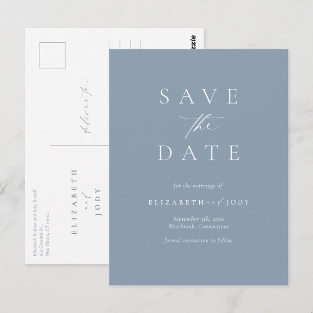 Carte Postale Élégant Bleu Poussiéreux Simple Save The Date (Devant / Derrière)