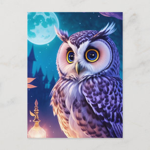 Carte Postale Élégant bleu violet magique Chouette comique AI Ar