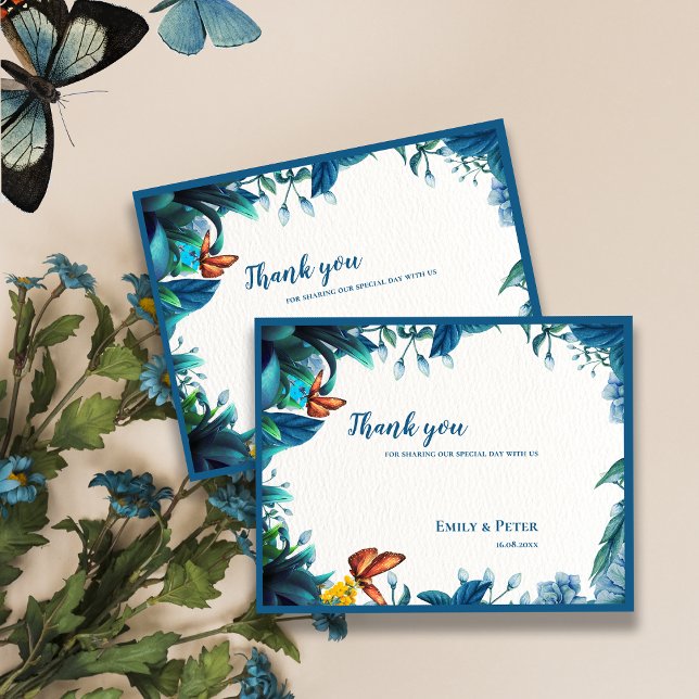 Carte Postale Elegant Blue Botanical Butterfly Wedding Thank You (Elegant Blue Botanical Butterfly Wedding Thank You Postcard)