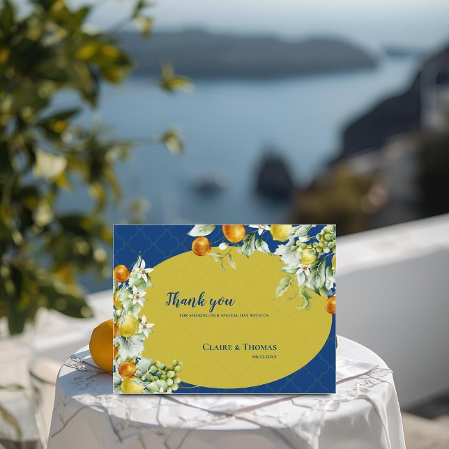 Carte Postale Elegant Blue Gold Citrus Floral Wedding Thank You (Elegant Blue Gold Citrus Floral Wedding Thank You Postcard)