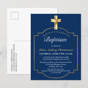 Carte Postale Elégant Blue Golden Cross Garys Baptism Invitation