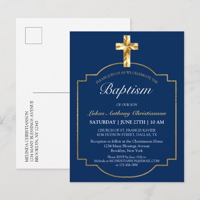 Carte Postale Elégant Blue Golden Cross Garys Baptism Invitation (Devant / Derrière)