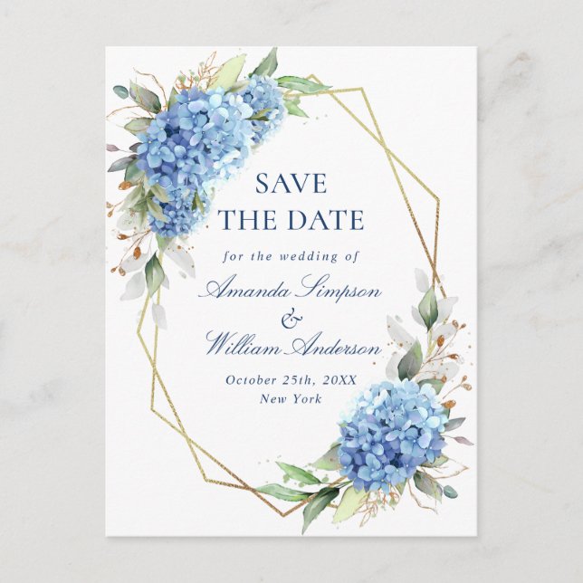 Carte Postale Elégant Blue Hydrangea Wedding Enregistrer la date (Devant)